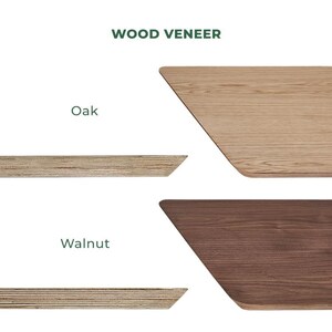 May include: Two wood veneer samples, one oak and one walnut. The samples are shown in both a close-up and a larger view.