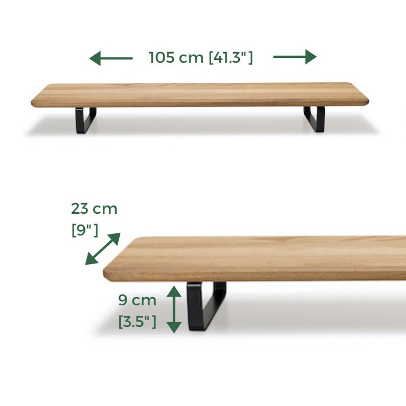 May include: A wooden laptop stand with black metal legs. The stand is 41.3 inches wide and 9 inches deep. The stand is 3.5 inches tall.