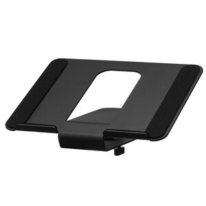 May include: A black metal laptop stand with a rectangular cutout in the center. The stand has two black, textured pads on the top surface and a small, adjustable clip on the bottom. The stand is designed to elevate a laptop.