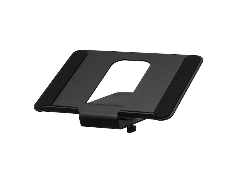 May include: A black metal laptop stand with a rectangular cutout in the center. The stand has two black, textured pads on the top surface and a small, adjustable clip on the bottom. The stand is designed to elevate a laptop.