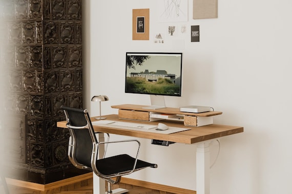 Solid Oak Desk Shelf Pro: Dual Monitor Stand with Drawer