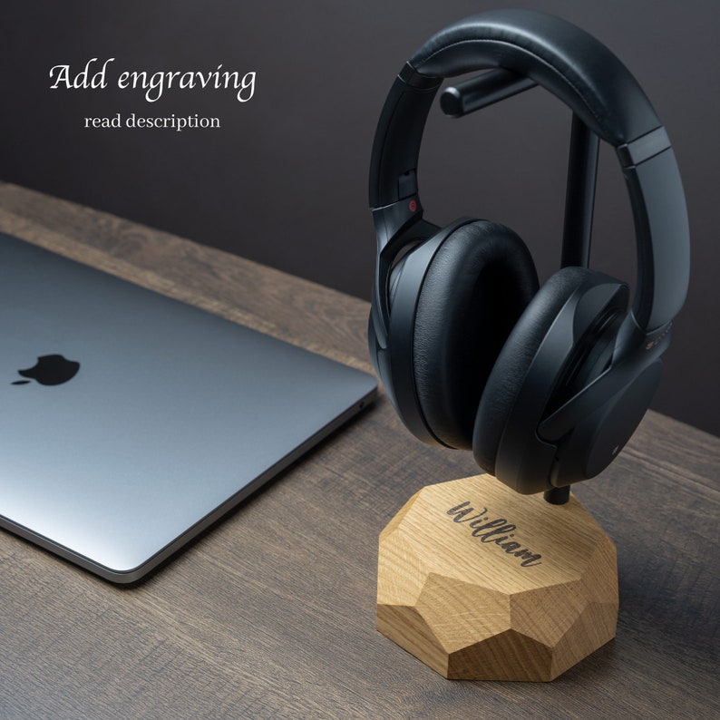 May include: A black headphone stand with a wooden base. The base is engraved with the name "William".