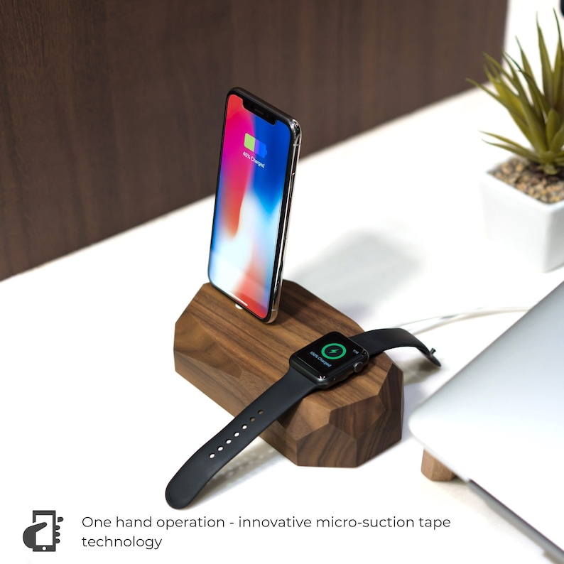 Combo charger, iPhone Apple Watch charger, wood charging dock, Tech gifts for husband, Desk accessories wood, apple watch dock, Home Office image 1