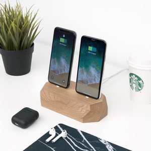 Lightning dual charger station, dual dock, iPhone AirPods dock, Apple dual dock airpods charger, wood docking station