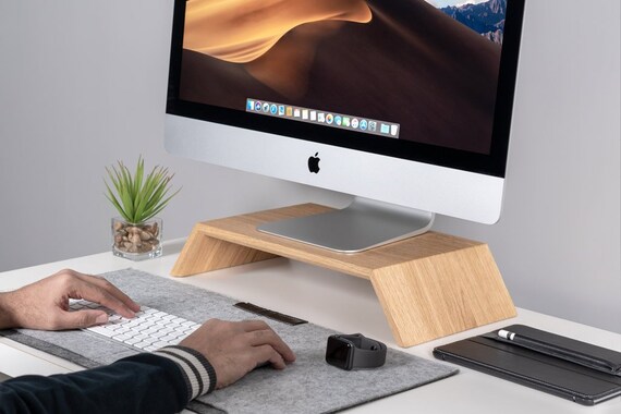 monitor imac computer screen wood stand riser tidy desk wooden etsy