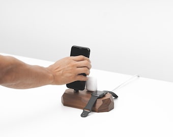 Triple Dock Charger: Oak Wood Charging Station for Apple Watch, iPhone, AirPods