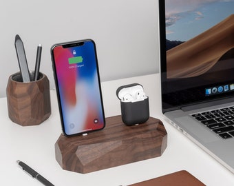 iPhone charging station, wooden charging organizer, desk station organizer, double dock, family charging stand, dual dock