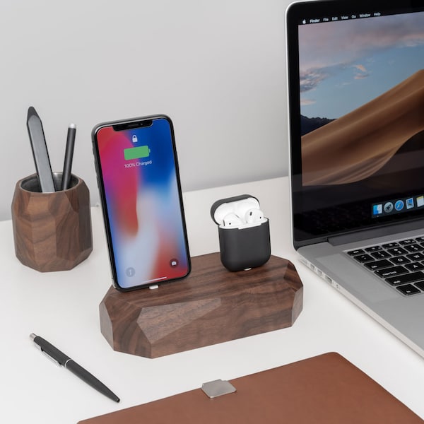 iPhone charging station, wooden charging organizer, desk station organizer, double dock, family charging stand, dual dock