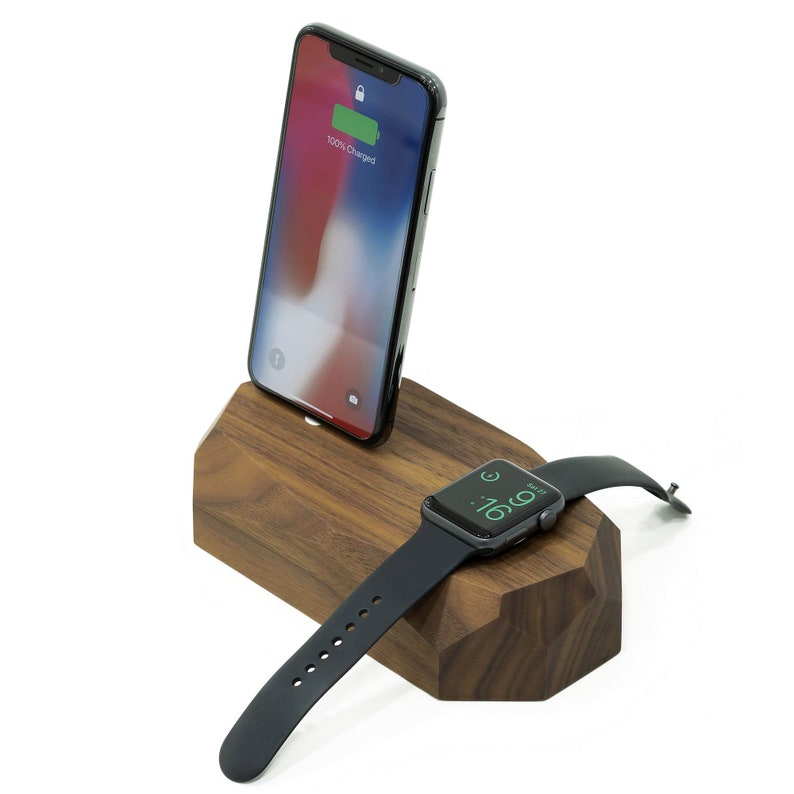 Combo charger, iPhone Apple Watch charger, wood charging dock, Tech gifts for husband, Desk accessories wood, apple watch dock, Home Office Walnut (dark wood)