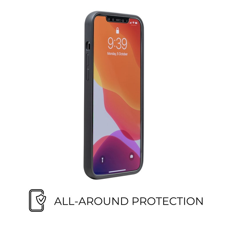 May include: A black phone case with a clear back, showing a phone screen with the time 9:39 and the date Monday, 5 October. The text "ALL-AROUND PROTECTION" is below the phone case.