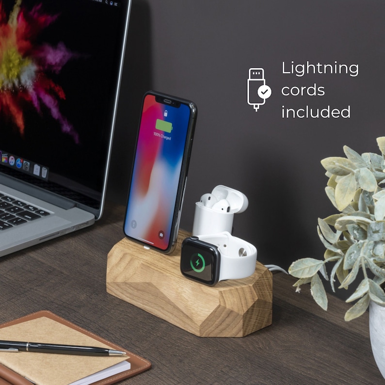 Personalized Wooden Gift Charger, Oakywood Triple Dock Apple iPhone, Home Office Decor, Apple Watch Charger, Gift for Him image 2
