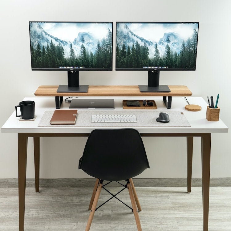 Étagère de Bureau, Dual Monitor Stand Wood, Home Office, Organisateur d'accessoires Rangement et Org