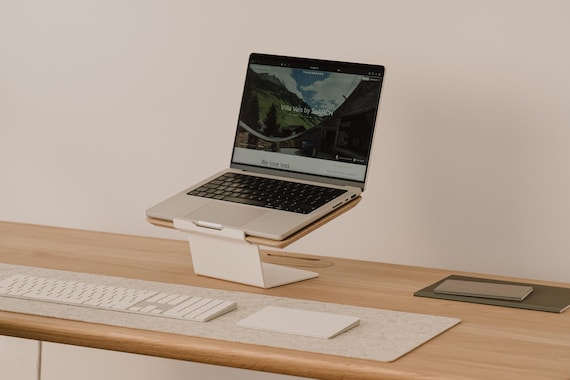 Wooden Laptop Riser | Solid Wood Laptop Stand with Steel Leg, Ergonomic Desk Accessory for Home Office Setup