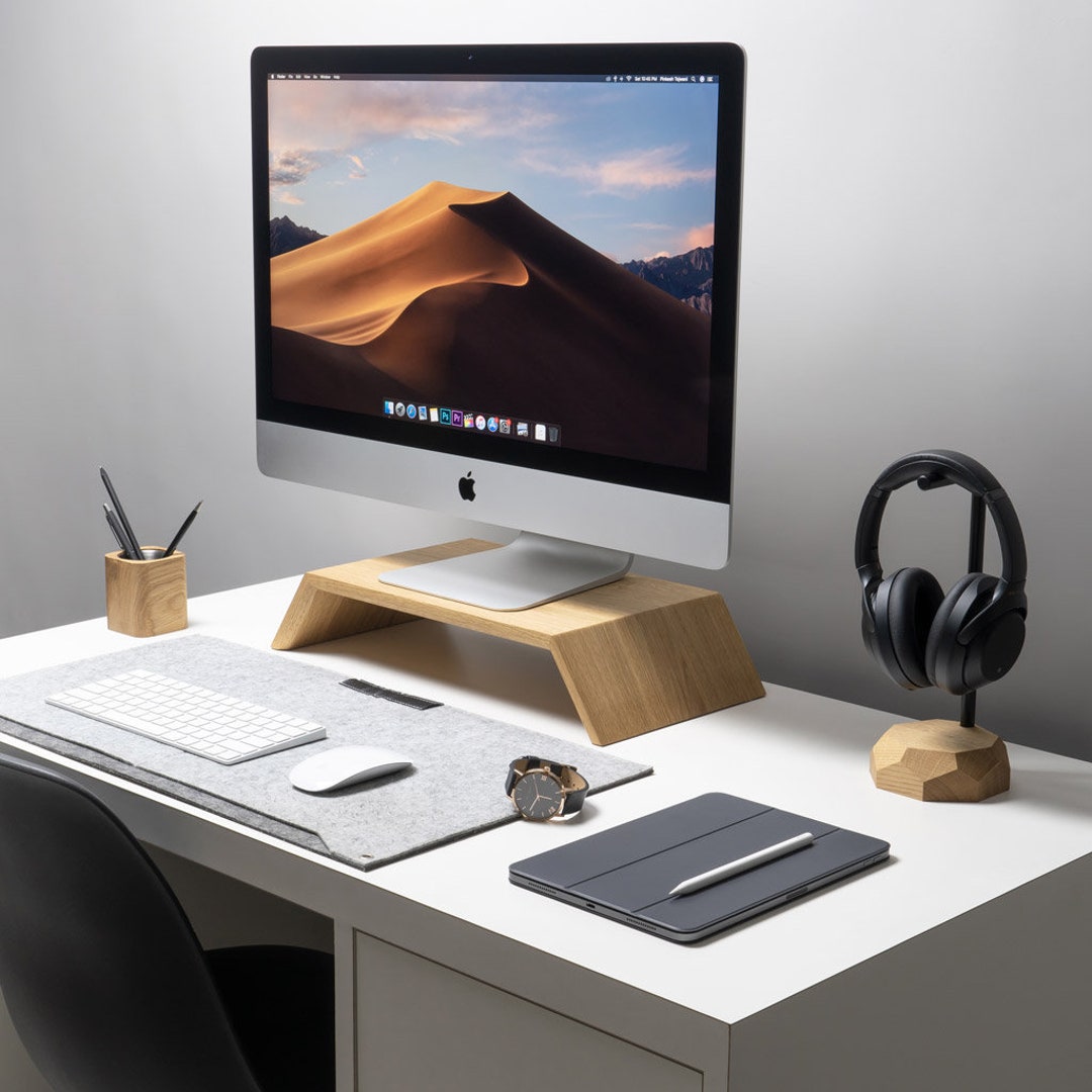 Supporto per monitor, rialzo in legno per schermo computer iMac, ripiano  porta scrivania in legno, accessori per l'area di lavoro, legno di quercia  e noce -  Italia