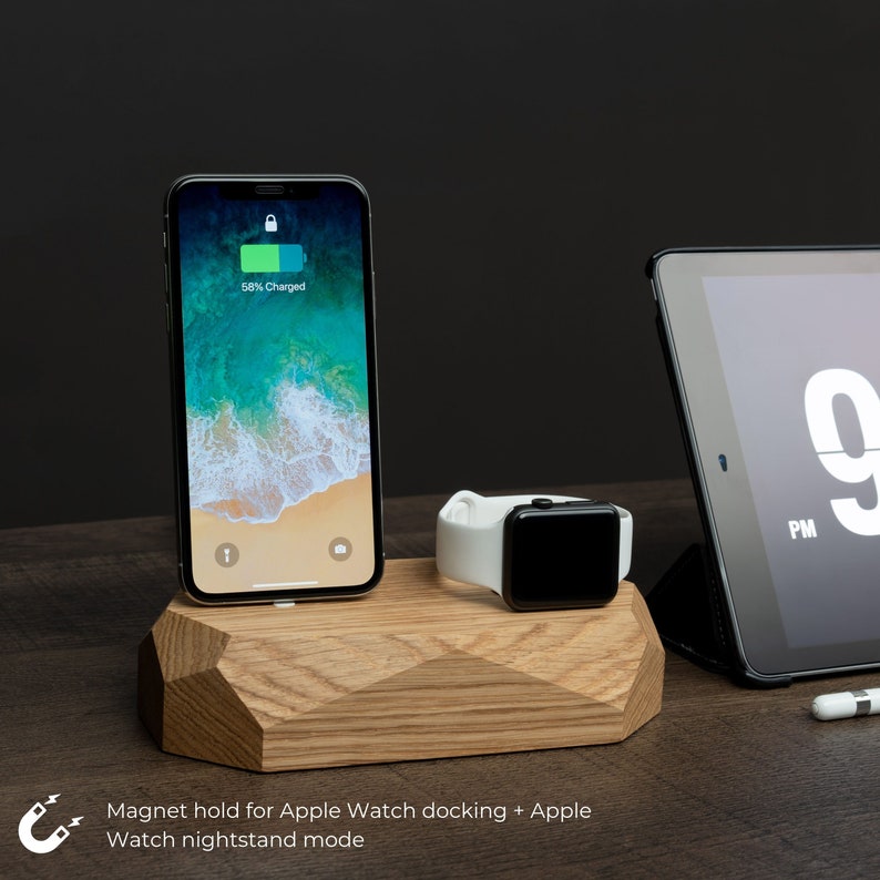 Combo charger, iPhone Apple Watch charger, wood charging dock, Tech gifts for husband, Desk accessories wood, apple watch dock, Home Office image 2