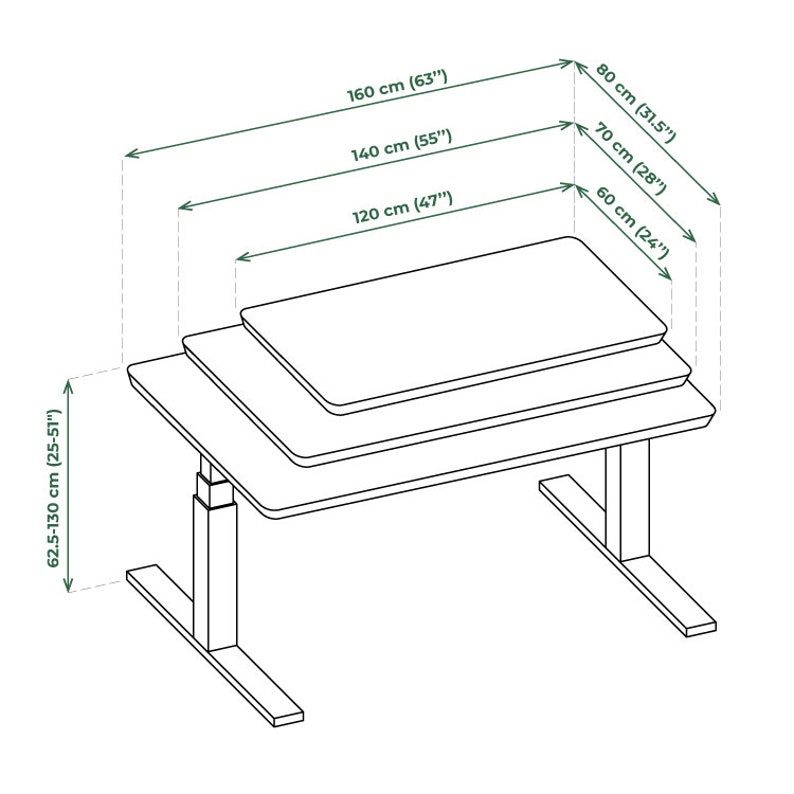 May include: A white standing desk with three adjustable height levels, ranging from 25 to 51 inches, and a width of 24 to 31.5 inches. The desk has a black metal frame and legs.