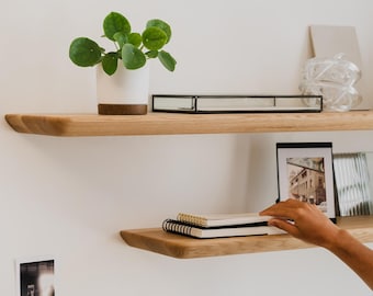Solid Oak Floating Shelf Set: Wall Mounted Shelves for Home & Office
