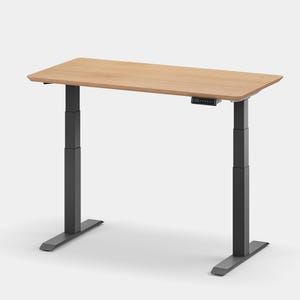 May include: A light wood-toned standing desk with a black electric lift mechanism and a rectangular tabletop. The desk has a black base with two legs.