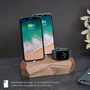 Personalized Wooden Gift Charger, Oakywood Triple Dock Apple iPhone, Home Office Decor, Apple Watch Charger, Gift for Him image 5