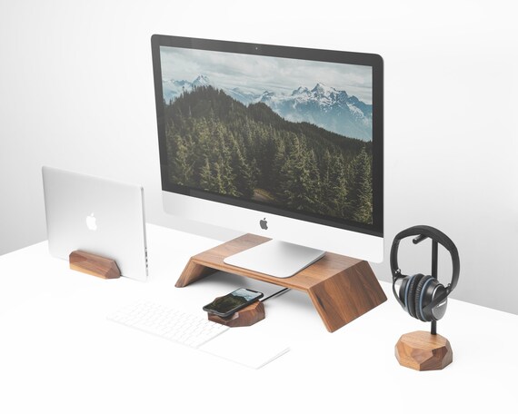 Tech Office Desk Accessories By Oakywood Desk Setup Wooden Etsy