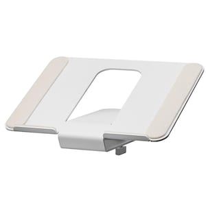 May include: A white laptop stand with a rectangular design. The stand has a cut-out in the center and two beige pads on the top surface. The stand is made of metal and has a minimalist design.