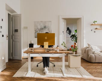 Desk Setup Pro – White Legs - Standing Desk with Shelf and Drawers, Complete Workstation, Home Office Furniture, Ergonomic Desk Organizer