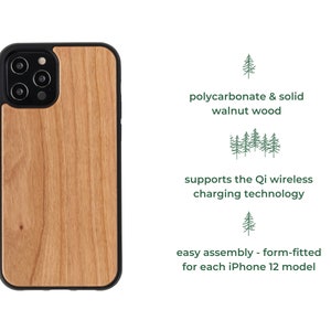 May include: A wooden phone case for an iPhone 12 model. The case is made of polycarbonate and solid walnut wood. It supports Qi wireless charging technology and is easy to assemble.