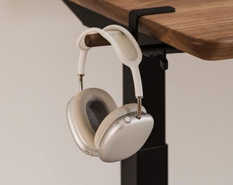Desk-Mounted Wooden Headphone Hook: Adjustable Steel Clamp