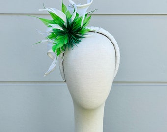 Women’s/ Girls - White & green leather headband- fascinator- headpiece- headwear- wedding- races- flower girl