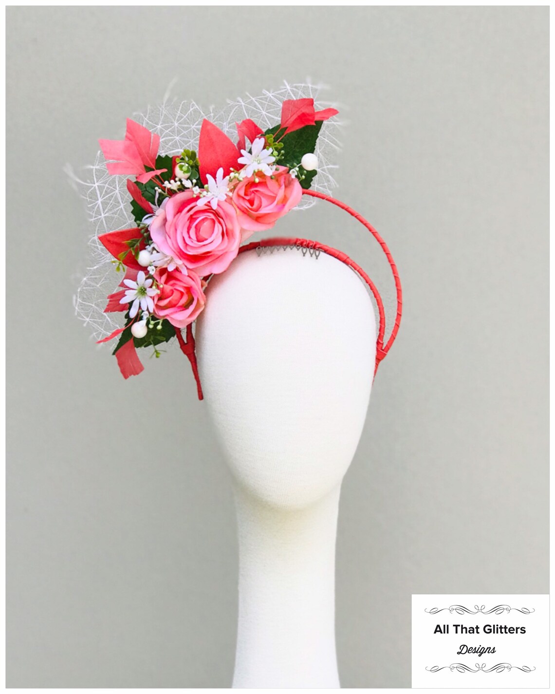 Salmon Pink & White floral headband fascinator headpiece Etsy
