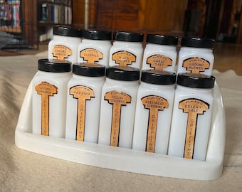 1930s / 1940s vintage art deco style milk glass 10 piece Griffith's Spice Set black and white