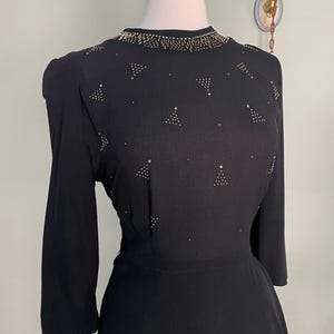 VTG vintage 1940s 40s 3/4 sleeve black and gold studded cocktail dress with peplum 28&quot; waist