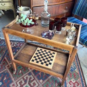 Vintage Oak Tea Trolley Bar Cart 2 Tiers