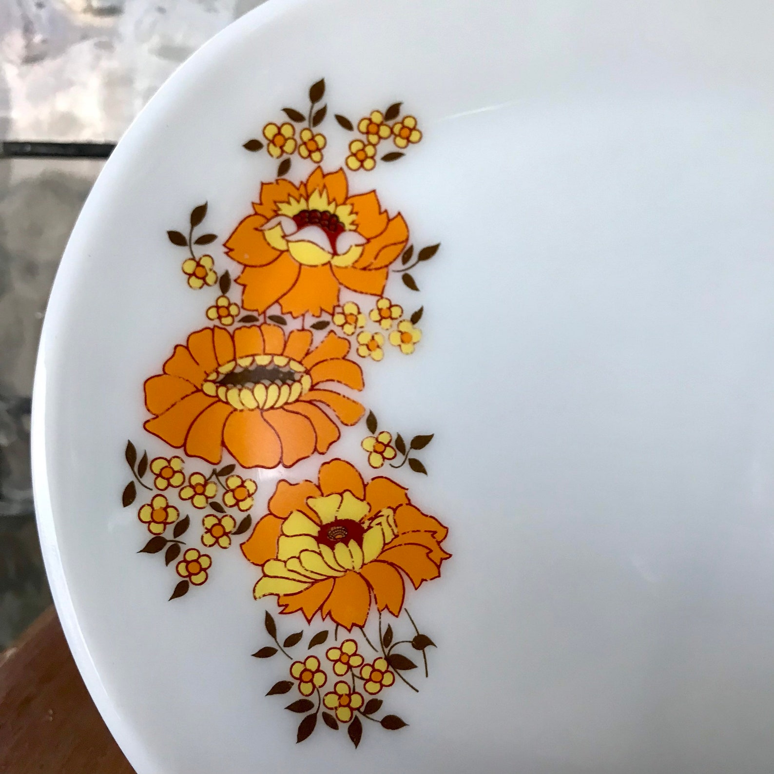 1970s Pyrex dinner plate with orange flower design Etsy