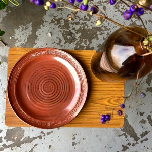 May include: A terracotta-coloured ceramic plate with a decorative border and concentric circle design. The plate is on a wooden surface, next to a glass vase with purple berries and a branch.