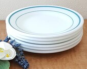 6 Pyrex White Restaurant Ware Bread Butter Plates Aqua Turquoise Stripe