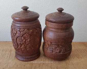 Vintage Hand Carved Wood Spice Tea Jars Canister Set of 2 India