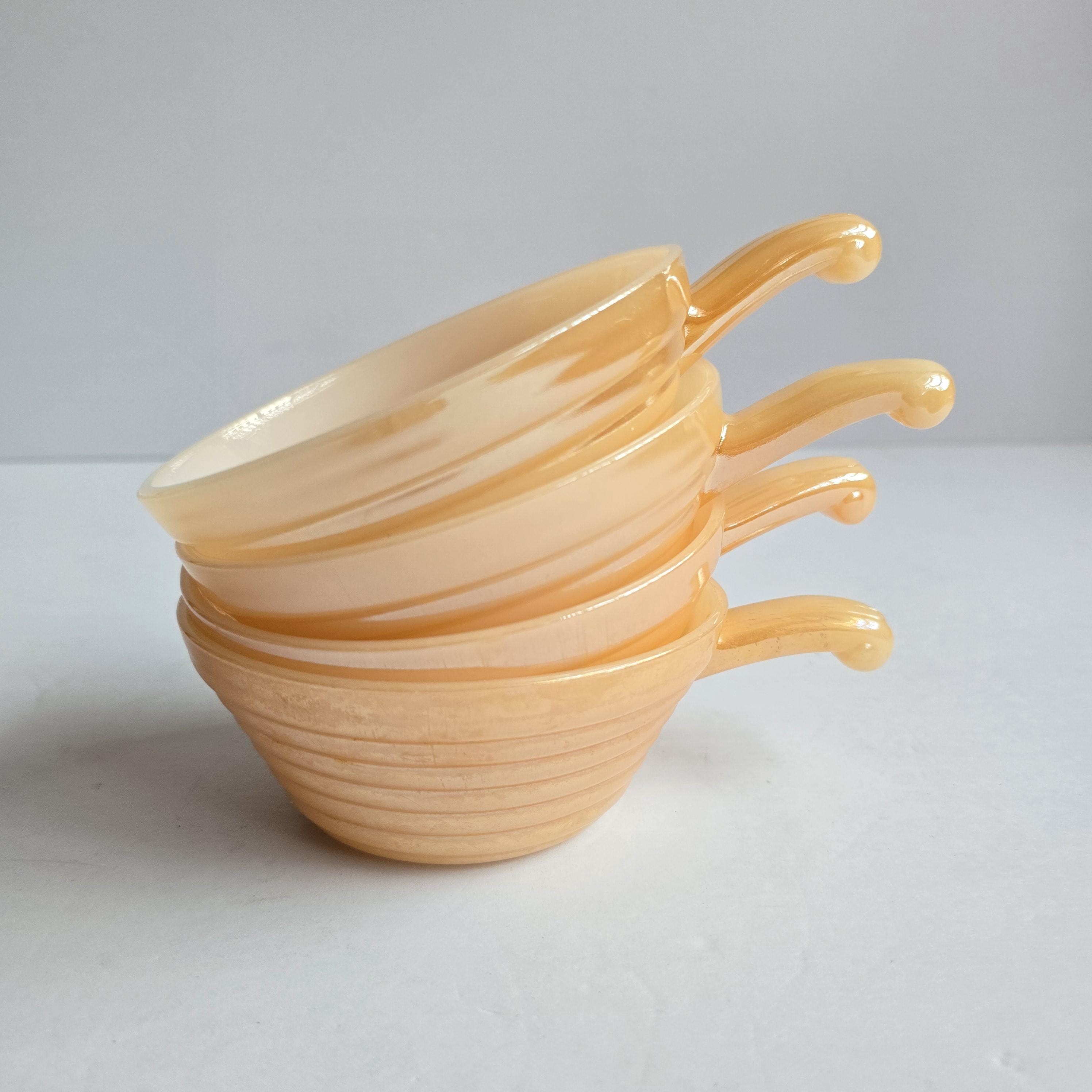 Fire King peach Lusterware bowls 4 vintage peach glass soup chili cereal one handle bowls