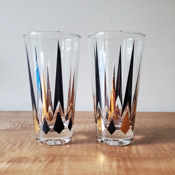 Vintage Atomic Glassware, Golden Peaks Barware, MCM Atomic Glasses, Mid-Century Modern Tumbler Glasses