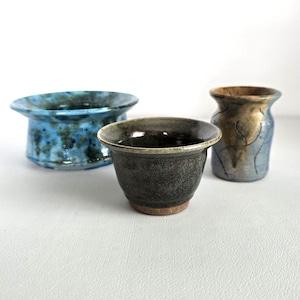 3 ceramic vase pots: handmade blue green & beige stoneware pottery