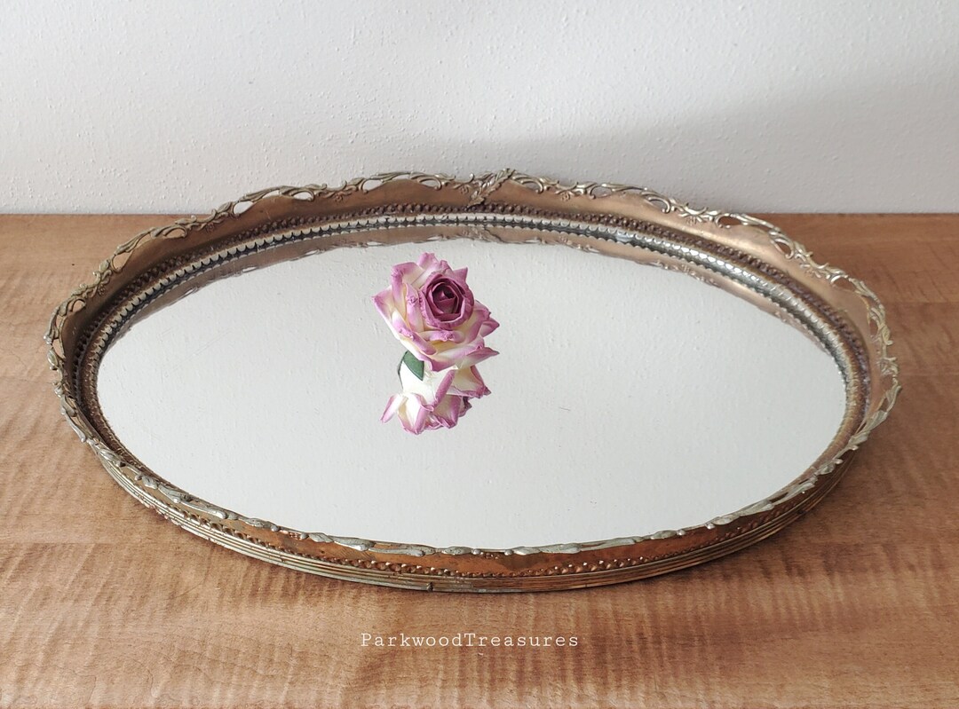 Vintage Vanity Mirror Tray, Oval Brass Mirrored Make up Tray, 1960's