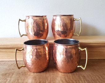 Copper Moscow Mule Mugs  Set of 4  Hammered Brass Handles