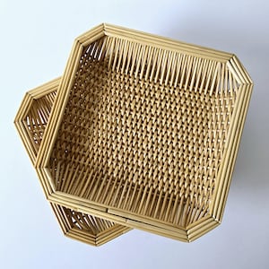 shallow wicker tray baskets pair vintage 10&quot; flat baskets