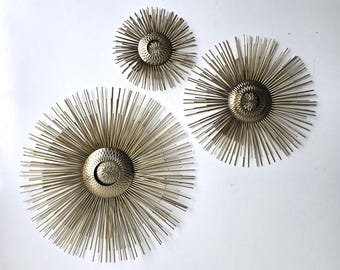 Vintage Brass Starburst Wall Art Sculptures Trio Set