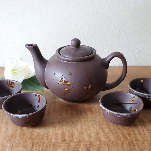 Vintage Chinese Clay Tea Set, Teapot and Handleless Cup Set, Clay Tea Pot