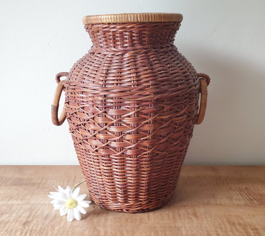 Vintage 12 Woven Wicker Basket Vase With Handles, Wicker Floor Vase Etsy