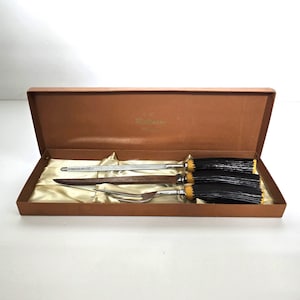 vintage Robinson stainless steel carving set: faux staghorn Bakelite handles in original box  /details in description