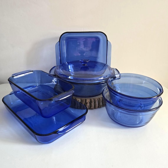 Vintage 7 Piece Pyrex Anchor Hocking Cobalt Blue Glass Baking Set