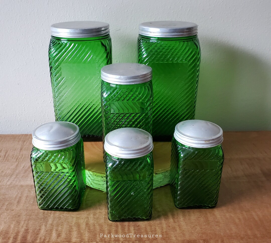 Rare 6 Emerald Green Ribbed Glass Square Canister Jar Set With Metal