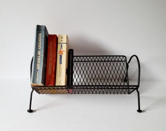 MCM metal book rack vintage book holder mid-century office black metal mesh book stand